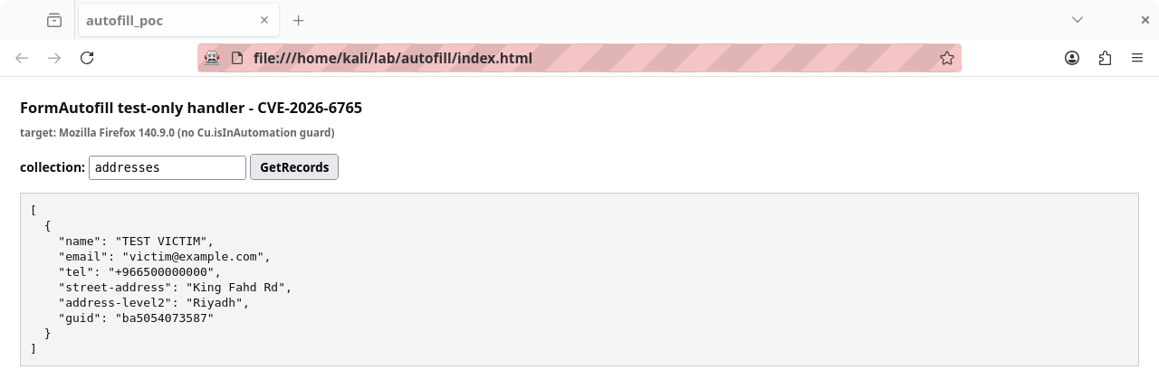 Proof of concept running on Firefox 140.9.0esr, exfiltrating a saved record through the unguarded FormAutofill handler